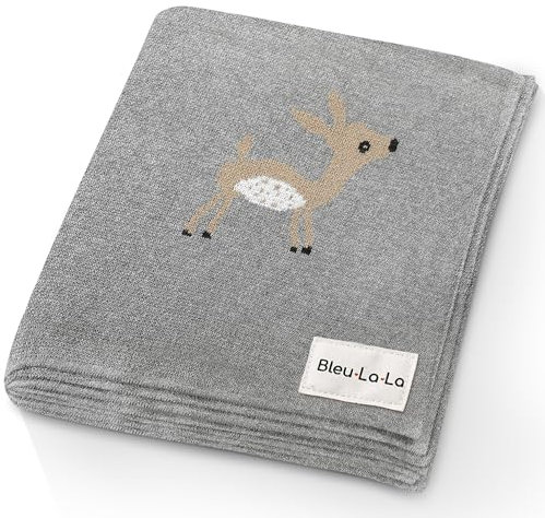 Bleu La La Empfangs Babydecke - 100% Luxuriöse Weichbaumwollstrick Warme Gemütliche Kuscheldecke für Kinderwagen und WiegePuckdecke für Neugeborene Säuglinge und Kleinkinder (Rehkitz - Grau)