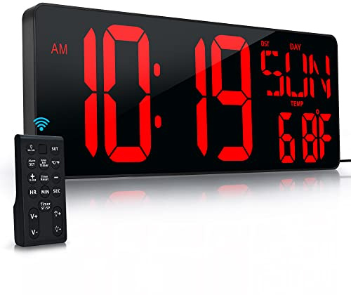 Reloj de Pared Digital Grande con Control Remoto de 17.2 Pulgadas, Temporizador de Pantalla Grande LED con Temperatura, Fecha, Semana, DST automático, Brillo Ajustable, Reloj Despertador de Pared