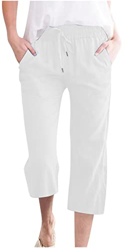 oglccg Womens Capris Trousers 3/4 Pants Cotton Linen Elastic High Waist Cropped Pants Drawstring Summer Autumn Solid Color Pockets Loose Pants Straight Wide Leg Trousers Outdoor, White, 3XL