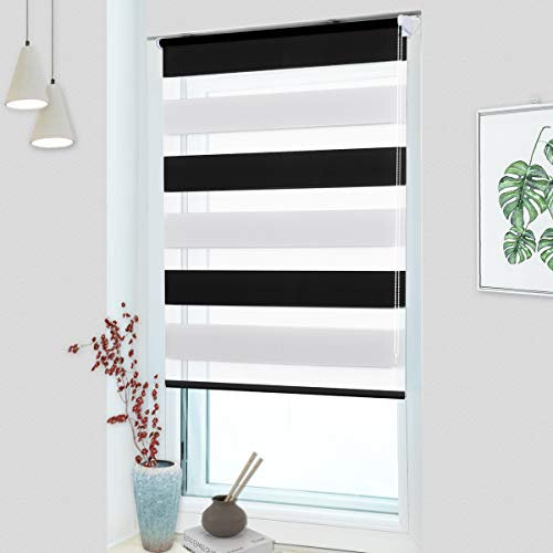 MupFup Doppelrollo Klemmfix ohne Bohren,Duo Rollo Klemmrollo Schwarz-Weiß 90 x 120cm(BxH), Lichtdurchlässig & Verdunkelnd Fensterrollo für Schlafzimmer, Badezimmer, Wohnzimmer Fenster und Tür