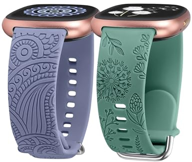TOYOUTHS 2 Stück Floral Gravierte Armband kompatibel mit Fitbit Versa 4/Versa 3/Sense 2/Sense Armband, Sport Solo Loop Silikon Boho Henna/Löwenzahn Blume Fancy Versa 4 Armbänder, Blau/Grün