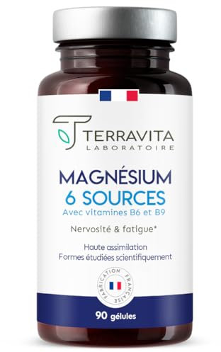 Magnésium 6 Sources dont Bisglycinate + Marin + Citrate | Efficacité Optimale contre Fatigue et Stress | 300 mg de Magnesium Élément par dose + B6 + B9 | 90 Gélules Vegan | Made in France | Terravita