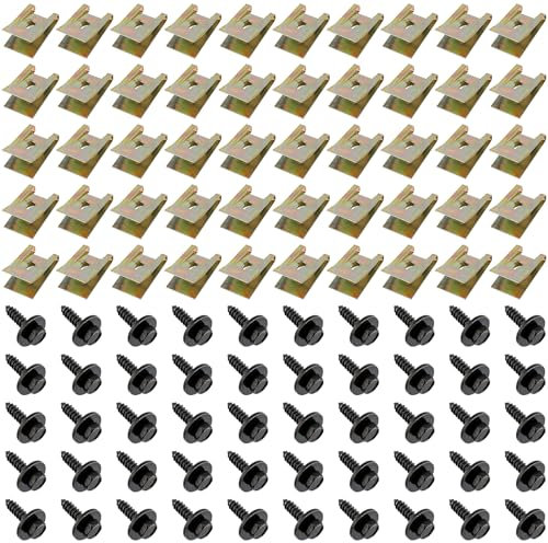 SYUTBOU 100 Stück Blechmutter Schraube Mutter Clip Kit, 50 Schrauben und U-förmige Befestigungsklemmen, Karosserieschrauben Clips Klemmen Verwendet, für die Befestigung Montierten Autoteilen