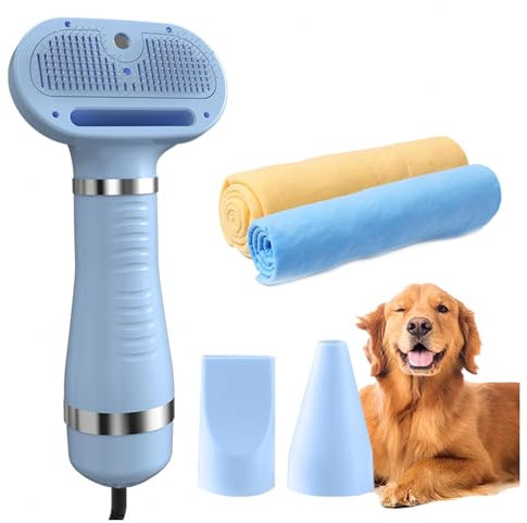 Phon per Cani, 4 in 1 Con Spazzola, 3 Impostazioni Temperatura Regolabile Asciugacapelli per Cani, E Panno Super Assorbente per Cani e Gatti,blue