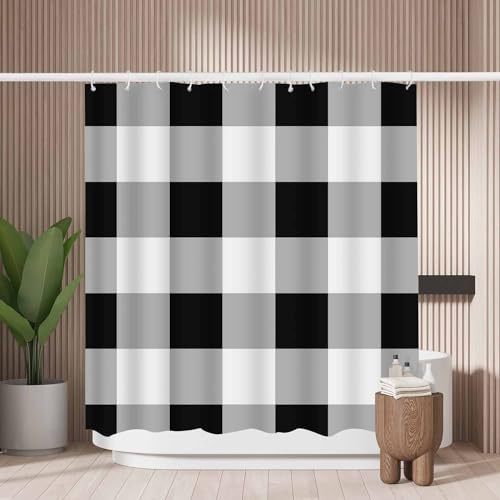 Woutay Rideau de douche résistant à la moisissure en polyester avec 12 crochets en plastique Motif damier Gris/blanc/noir