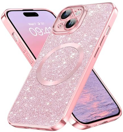GaoBao for iPhone 15 Plus Magnetic Case, Slim iPhone 15 Plus Phone Case [Compatible with MagSafe] Sparkle Luxury Shockproof Anti-Slip Women Girl Bling Phone Cover for iPhone 15 Plus 6.7,Glitter/Pink