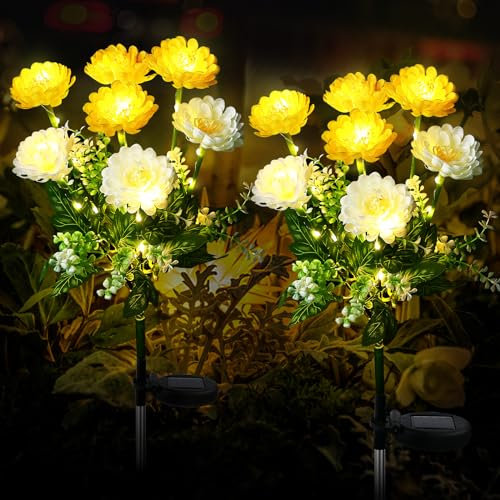 FWLWTWSS Solar Lights Outdoor Garden - 2 Pack Snow Lotus Solar Garden Lights, Garden Lights Solar Powered Waterproof with 7 Small Snow Lotus Flowers, Garden Ornaments Outdoor (White)