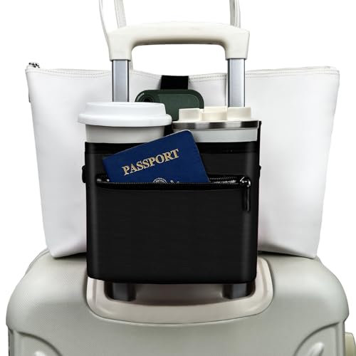 Vethers 3 in 1 Travel Luggage Cup Holder, Luggage Straps, Shoulder Bag for Suitcases add a Bag，Convenient Travel Carry-on Accessories for Hands-Free Convenience (Black)