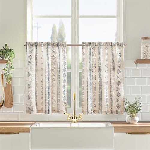 Vangao Küche Scheibengardinen Leinen Bistrogardine für Fenster Esszimmer Küchengardinen Landhausstil Halbtransparent Vorhänge Kurz Bauernhaus Geometrisch Gestreifte 2erSet 65Bx90H(cm) Blau auf Beige