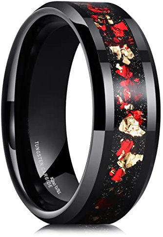King Will Fede nuziale da uomo con inserto in lamine, nero/argento/oro | Nero, 6 mm/8 mm, bordo smussato, vestibilità comoda, anello Glowstone, da indossare tutti i giorni