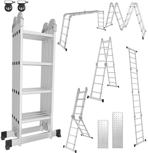 Izrielar Scala telescopica in alluminio, 4,7 m, 4 x 4, con piattaforma, scala con 2 piastre, scala a pioli fino a 150 kg, scala pieghevole, 16 gradini, colore: argento