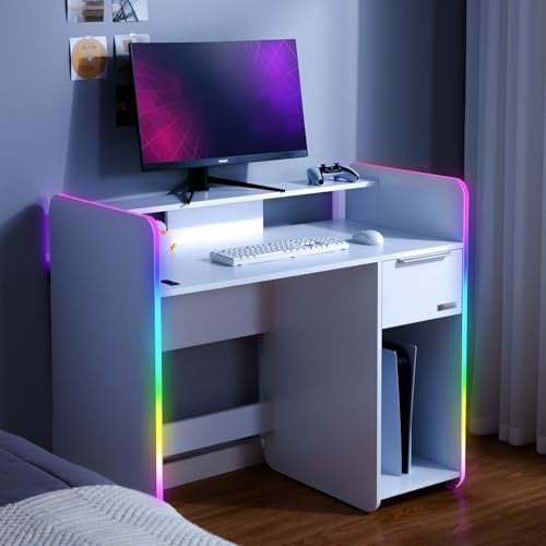 X-Rocker Electra 110x55cm White Gaming Desk with RGB Lights, Computer Gaming Desk with App-Controlled LED Lighting, Sturdy PC Desk and Home office with Storage Cupboard and Shelf - WHITE