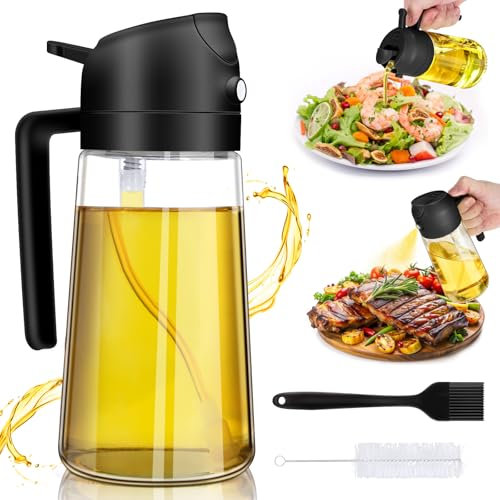 DIDUDE Spray huile cuisine 550ML, Bouteille en verre 2 en 1 pour pulvériser et verser de l'huile, Pulvérisateur huile pour friteuses à air,Salade, Barbecue,Spray Cuisine Anti-goutte (noir)