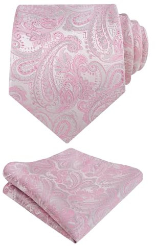Alizeal Handmade Paisley Floral Tie with Pocket Square Set, Pink+Silver