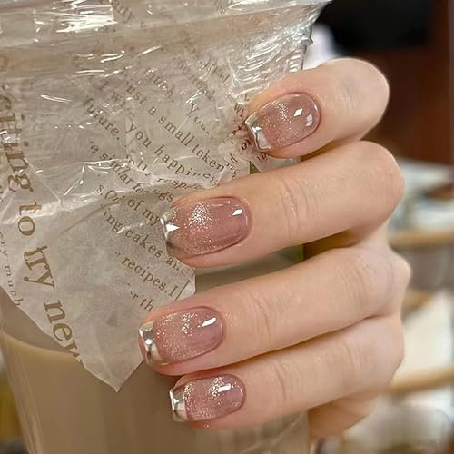 Mgmxbsth 24PCS Enumerated Medium Pressed Nails,Fake Nails, French Tip False Nails, Stick On Nails, Daily Tip Acrylic Full Coverage Gel Adhesive Nail, Suitable for Women and Girls(Smile cat eye)