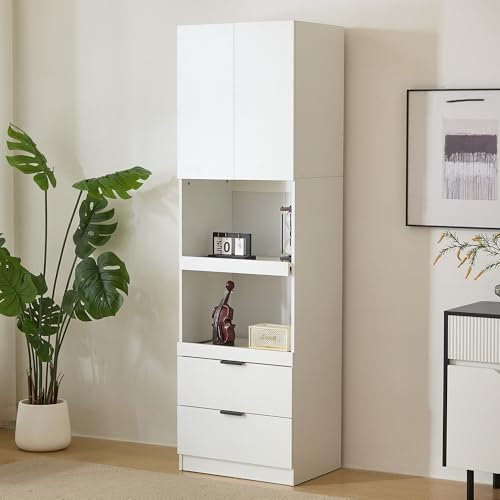 Meubles Cuisine 200 cm Haut, Armoires Hautes avec 2 Portes, 2 Tiroirs, étagères pour Micro-ondes, Armoires Murales avec Protection Anti-basculement, Buffet Autonomes pour Salle à Manger Salon, Blanc