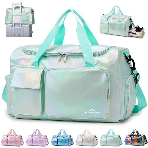 ZIOISNM Sporttasche Damen mit Schuhfach und Nassfach, Reisetasche Damen Glitzer Gym Bag saunatasche Reisetaschen Mädchen für Training, Reise & Wochenendtrips (Grün)