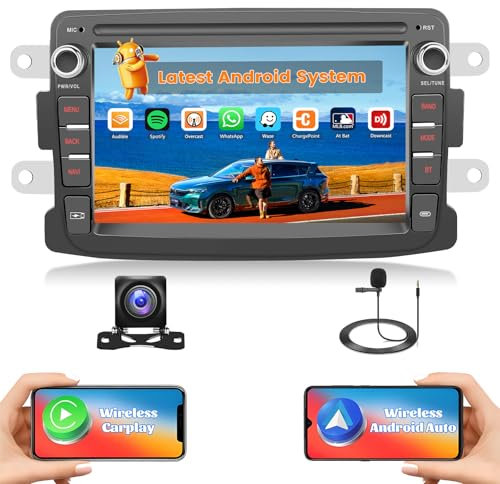Hikity 2G+64G Android 15 Radio Coche para Renault Dacia Logan Dokker Duster Sandero Lodgy Captur Symbol Lada Xray 2 con 7 Pantalla Táctil Carplay Android Auto inalámbrico RDS/FM BT GPS WiFi+CAM+Mic
