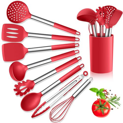 Herogo Kitchen Utensils Set, 9-Piece Silicone Cooking Utensil with Stainless Steel Handle, Heat Resistant Kitchen Cooking Spatula Turner Spoon with Holder, Non-Stick, Easy to Clean - Red