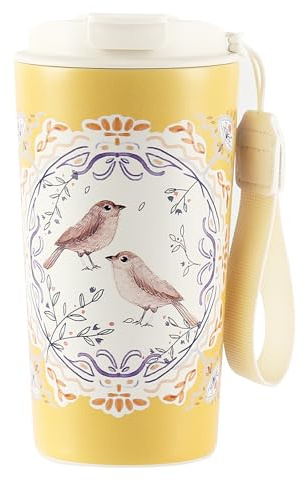 Animal Print Insulated Travel Mug 500ml, Ceramic‑Lined Stainless Steel Coffee Cup, Leakproof Lid with Sip Spout & Straw, Anti‑Slip Base, Carry Lanyard, Hot Cold Reusable Cup,Bird