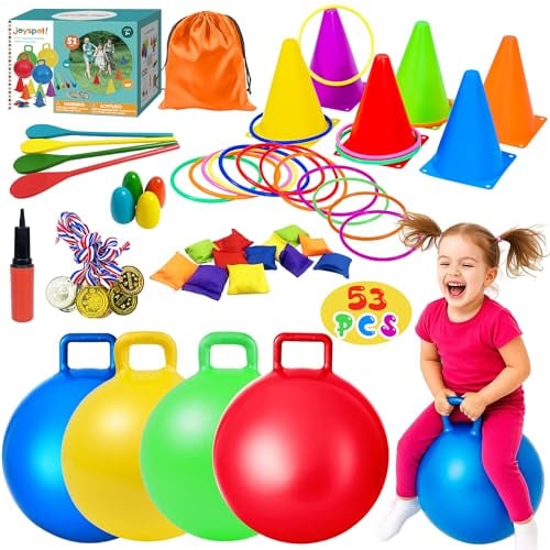 JOY SPOT! 5 in 1 Outdoor Spiele für Kinder, 53 Stück Indoor Spiezeug, 45cm Hüpfbälle & Ringwurfspiele, Pylonen & Sandsäcke, Eierlaufen, Karnevals Spieleset für Kindergeburtstag Partyspiele