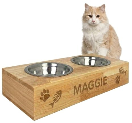 Personalised Wooden Raised Double Cat Bowl Engraved Cat Name Gift | Separated food & water bowls; raised ergonomic design; engraved cat name; cat lover gift; pet accessory