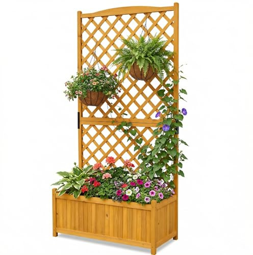 Large Rectangular Wooden Planter with Lattice Trellis Panels for Vines Garden Climbing Plants Flowers, Free Standing Plant Pot Box for Garden Patio Raised Bed,L90 x W44 x H180 cm,Natural