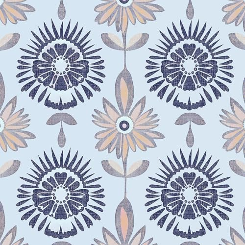 BOKEBEVE Papier peint floral bleu clair damsk à décoller et coller - Papier peint bohème moderne pour chambre d'enfant, chambre à coucher, armoire, locataire, symétrique, amovible, 44 x 1000 cm