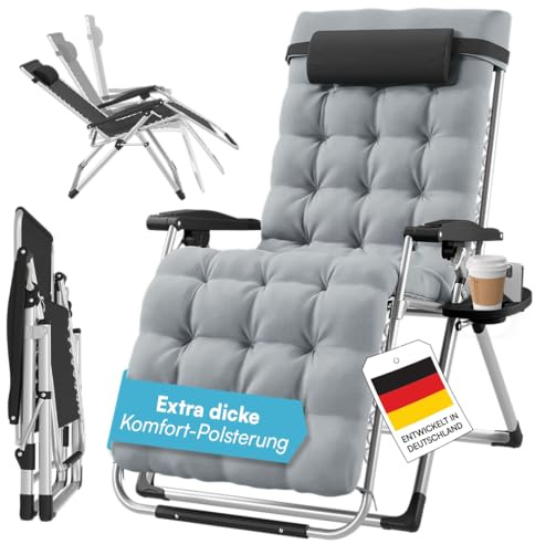 STEELSØN Lysira Zero Gravity Gartenliege, Polster Grau, Gestell Silber | Klappbare Sonnenliege, Liegestuhl, Outdoor Relaxliege wetterfest, Campingliege mit Polsterauflage, Getränkehalter, bis 200 kg