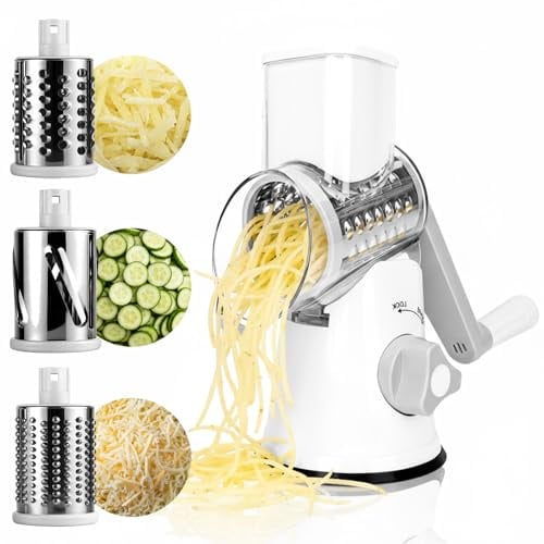 Rallador de Queso Rotatorio, Triturador Manual de Cocina con Manivela, Mandolina Rápida Rebanador de Frutos Secos con Mango y Cuchillas de Tambor Para Queso Fresco, Verduras, Frutas, 3 Cuchillas