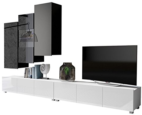 Wohnwand Calabrini XVII, Anbauwand, Mediawand, TV Lowboard, Hängevitrine, Hängeschrank, Wohnzimmerschrank (Schwarz + Schwarz Hochglanz/Weiß + Weiß Hochglanz, mit weißer LED Beleuchtung)