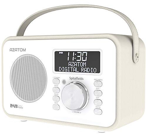 Spitalfields Retro DAB/DAB+ Digital FM Portable Radio/Alarm Clock/Leather Effect Finish/Mains Powered/Rechargable Battery/Subwoofer/Premium Stereo Sound (White) (Renewed)