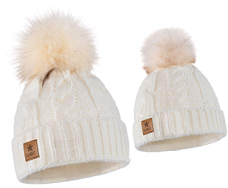 ELIMELI Eltern-Kind Mütze Mädchen Warme Wintermütze für Mutter und Tochter Mütze Damen Winter mit Kunstfell Bommel Slouch Strick Beanie Damen Bommelmütze Kinder Mama und Baby Cap Set 1 (Weiß)