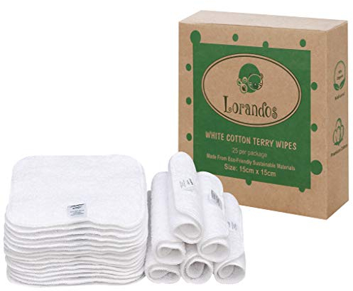 Lorandos 100% Baumwolle Frottee Wiederverwendbare Babytücher (25er Pack - 15x15cm - Weiß) parfümfrei waschbar ultraweiche und super saugfähige quadratische Flanellwaschlappen Baby