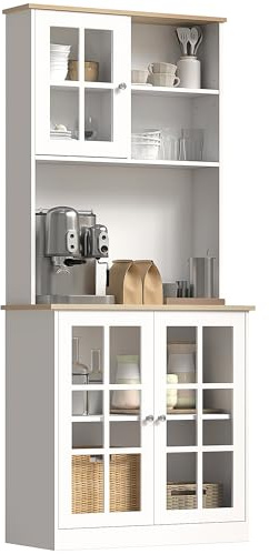 HOMCOM Kitchen Pantry Storage Cabinet, 72 Freestanding Cabinet with Hutch, Large Countertop, Glass Doors and Adjustable Shelves for Dining Room, White