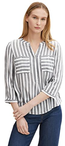 TOM TAILOR Damen Bluse mit Streifen & Brusttaschen, 26940 - Offwhite Navy Vertical Stripe, 38