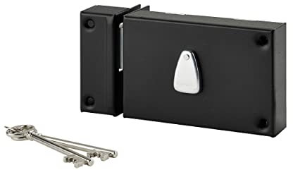 THIRARD - Serratura Orizzontale Applicata 6 Gorges a Chiave per Porta di Cantina - Solo Perno - Sinistra - Asse 64 mm - 140x88 mm - Nero - 2 Chiavi - Cassa e Gancio Acciaio Cambrato