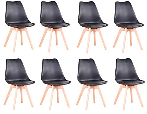 GrandCA HOME Lot de 8 Chaises de Salle à Manger Scandinaves avec Assise Rembourrée et Pieds en Bois en Métal, Chaises de Cuisine pour Chambre, Salon, Noir