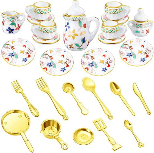 Skylety 15 Accesorios para Casa de Muñecas de 1:12 Conjunto de Tazas de Té de Porcelana de Cocina Azul con 11 Cubiertos Vajillas en Miniatura Tenedor Cuchara de Casa Muñecas (Estilo Retro)