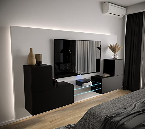 Furnitech Wohnwand Wohnzimmer | Wohnzimmer Möbel mit LED Blau | Hängend Wohnwand Modern | Wohnzimmer Schrankwand mit Regale und TV Schrank (AN96-21B-M3 1A)