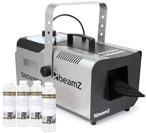 BeamZ SNOW1800 Schneemaschine mit Flüssigkeit, 1800 Watt Schnee Maschine mit Fernbedienung, Snow Machine mit Konzentrat, DMX, Timer, Mini Schneekanone Garten, Apres Ski Party, Winter Simulation