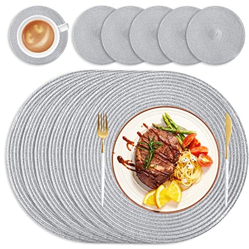HEYOMART Runde Tischsets Abwaschbar 6er Set Platzsets mit Untersetzer, 38cm Gewebte Hitzebeständige Platzdeckchen, Platzteller rutschfest für Küche Geburtstags Party Hochzeit Weihnachten - Silber