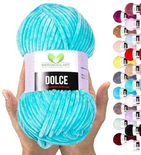 MeriWoolArt Chenille Garn zum Stricken und Häkeln Türkis - 100 g und 120 m Samt-Wolle - 100% Flauschige Polyester Strickgarn für Amigurumi Kissen Decken weiche Kleidung Geschenke