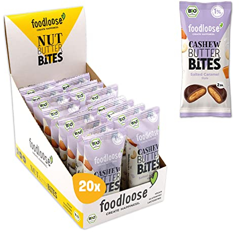 foodloose Bio-Cashew Butter Bites Salted Caramel | Leckere Snacks aus Datteln mit cremiger Cashewmus Füllung | Vegan, Bio, glutenfrei & ohne raffinierten Zucker | Vorteilspack (20 x 40g)