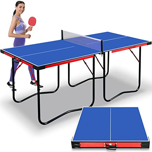 SereneLife Table de Ping Pong Portable, Table Ping Pong Extérieur Intérieur avec Filet, Clipper, 2 Raquette, 3 Balles, Design Pliable économiseur d'espace de 180cm x 90cm, Blue