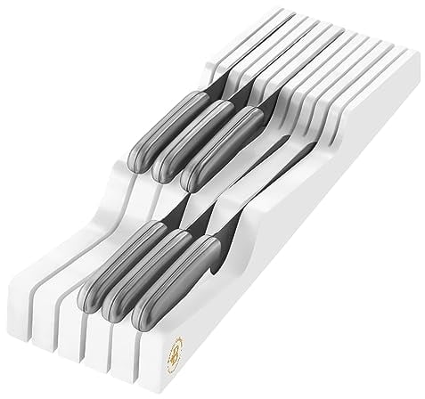 in-Drawer Knife Block Organizer - Bamboo Wood Drawer Knife Organizer - Holds 5 Long + 6 Short Knives (Not Included) - Store Knives with Blades Pointing Down