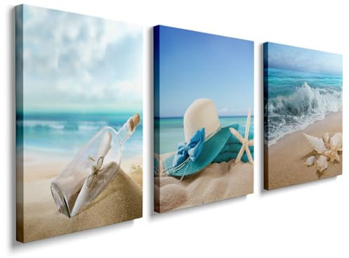 3 Pieces Wall Art Canvas Prints Beach Shells and Sea Picture Painting Modern Wall Artwork Framed for Bathroom Home Office Decor - 30 x 40 CM, YH088