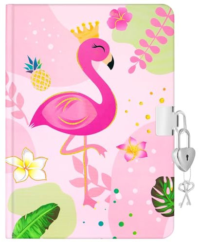 WERNNSAI Journal pour Enfants Flamingo Carnet - Journal en Feuille d'or pour Enfants avec Cadenas et clés, Agenda Scolaire Privé A5 ligné, Bloc-notes pour Écriture, Dessin, Carnet de Notes