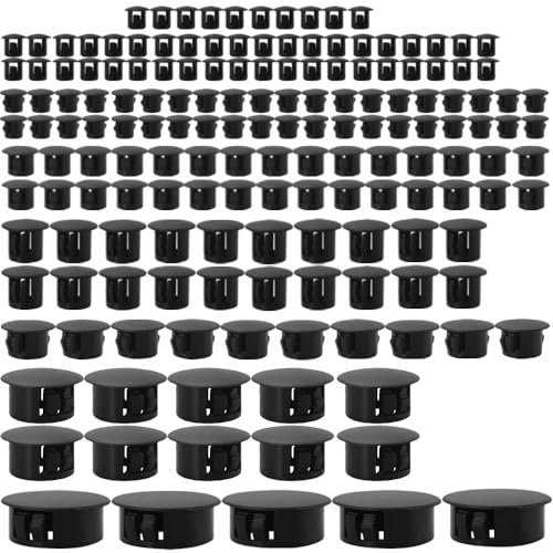 Athyior 165pcs Plastic Hole Plugs 7 Sizes - Screw Hole Covers Caps Locking Insert End Cap Round Flush Type Holes Fix Plug Drilling Cover for Furniture Cabinet Kitchen Cupboard(Black)