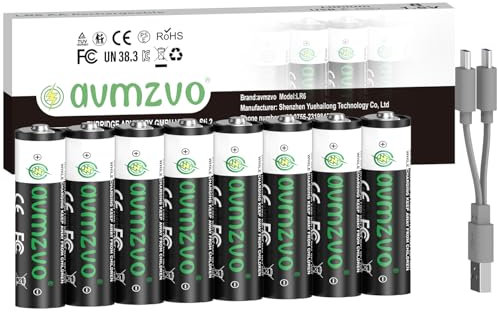 avmzvo Batterie AA 3400 mWh, batterie ricaricabili LR6 USB-C al litio con cavo di ricarica USB-C 2 in 1, 1,5 V, 2-3 ore di ricarica rapida, 8 pezzi